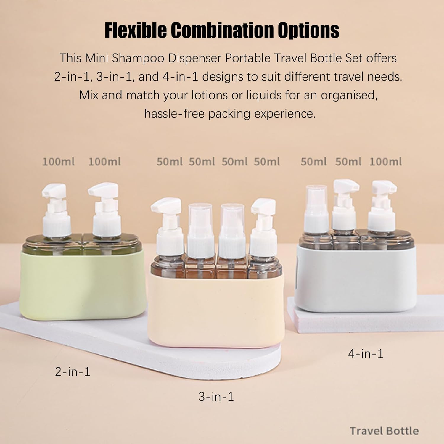 Mini Shampoo Dispenser Portable Travel Bottle Set, up to 4 in 1 Travel Pump Bottles Dispenser Bottles,Leak Proof Reusable Travel Bottles for Toiletries Refill, Shampoo Lotion Liquid (Gray, 2 in 1) image number 3