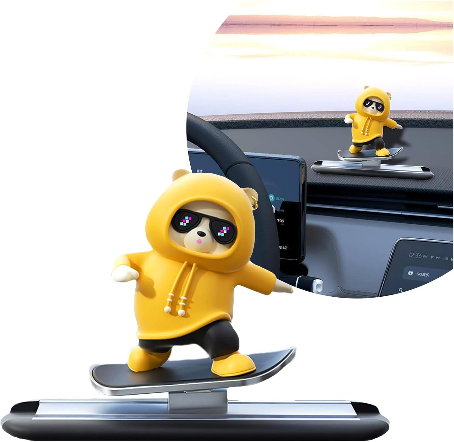 Valentine Gifts for Men,Yellow Skateboard Bear Car Decor Bobblehead Car Dashboard,Yescoo Car Dashboard Accessories,Funny Cut Gifts for Women Men Boyfriend Girlfriend Car Swinging Ornament - Universal