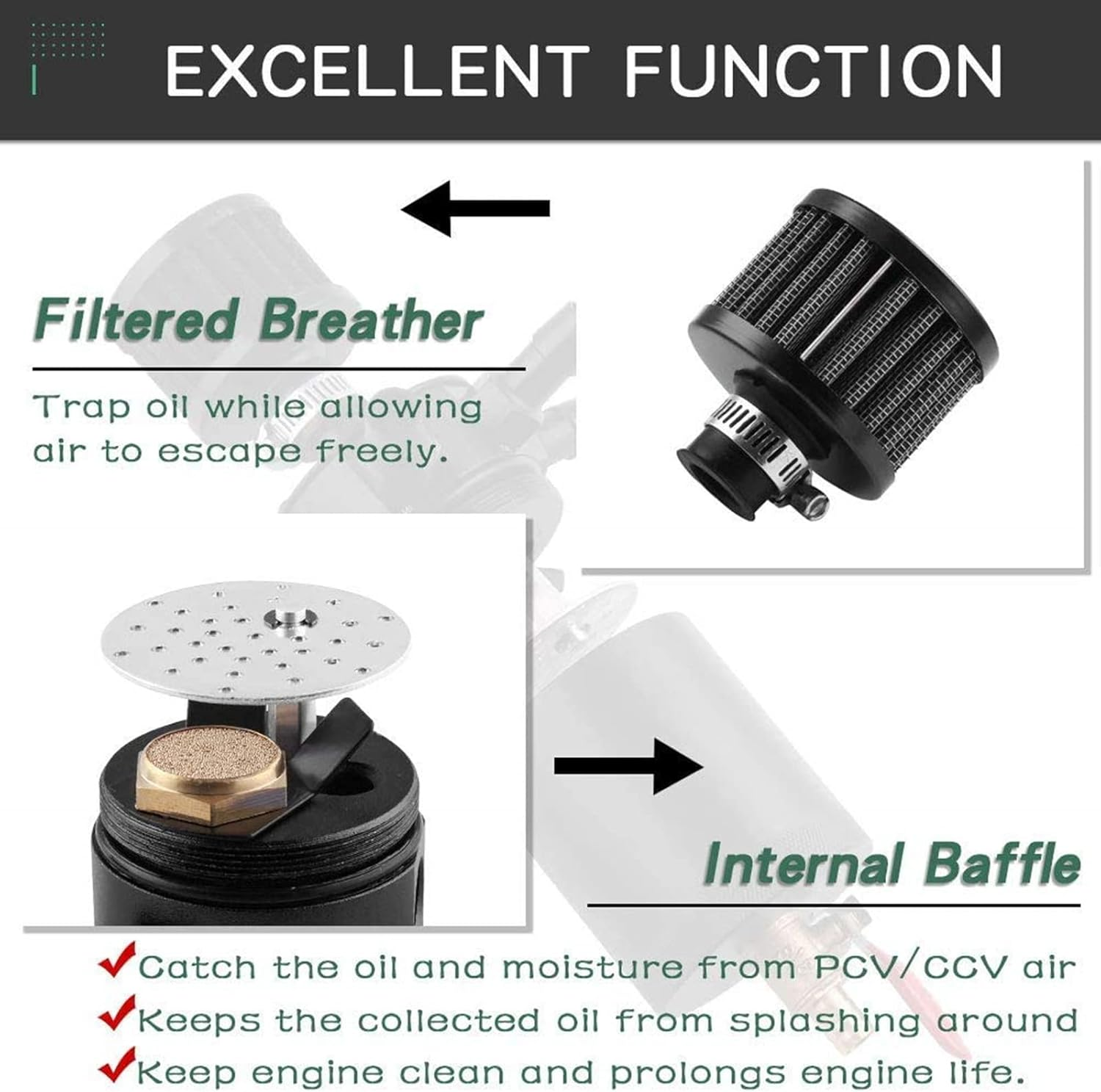 Sporacingrts 3 Port Oil Catch Can, 1 Oulet + 2 Intlet Compact Baffled Engine Oil Reservoir Tank with Breather Filter + Drain Valve image number 3