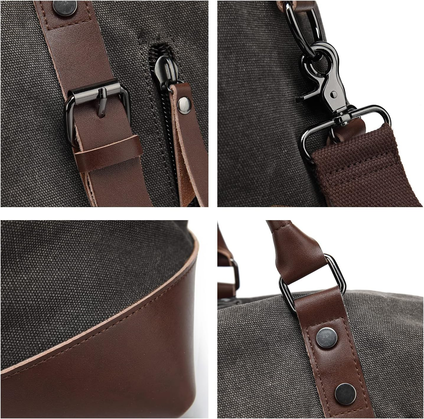 42L Large Genuine Leather Canvas Duffel Bag for Travel, Travel Tote Duffel Shoulder Weekend Bag Unisex Weekender Overnight Handbag Shoulder Bag, Black image number 2