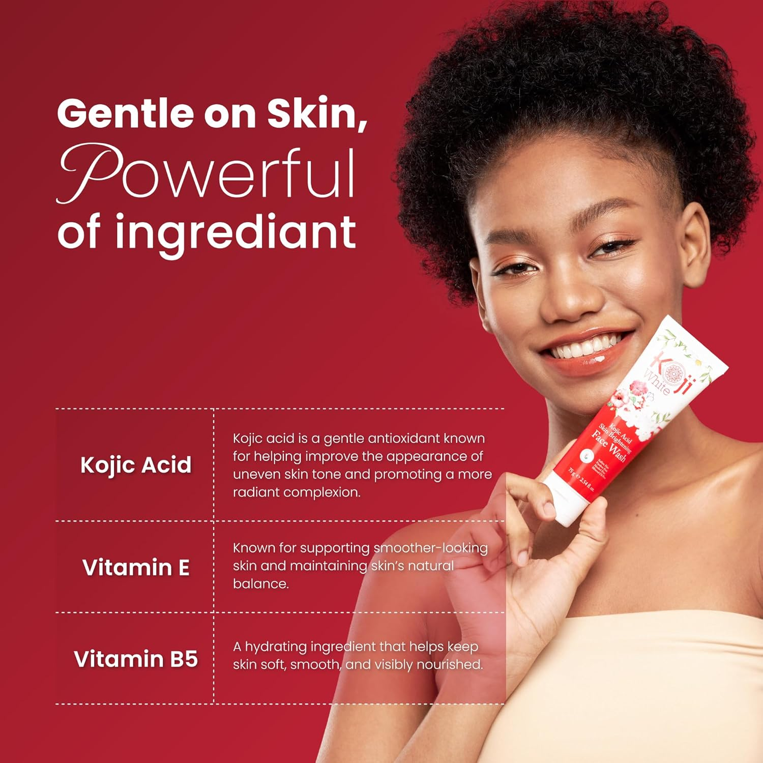 Koji White Kojic Acid Skin Brightening Face Wash for Exfoliating Face, Hydrating Face Moisturizer, Vegan Face Wash, Even Skin Tone with Vitamin C, Flower Extracts, Vitamin E, 2.54 Fl Oz image number 4