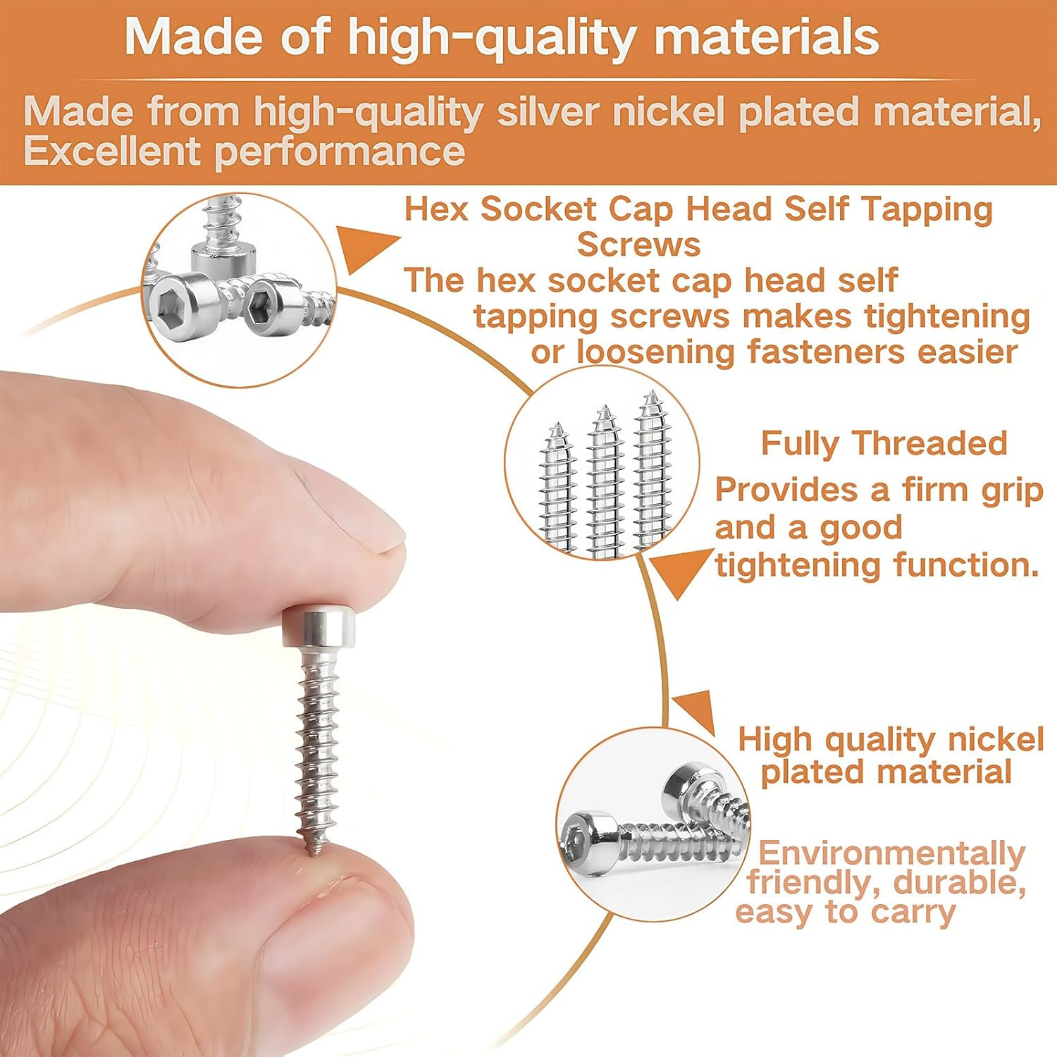 Zmbroll Hex Socket Head Cap Self Tapping Screws M4X8/10/12/14/16/18/20/25/30/35Mm Grade 8.8 Silver Nickel Plated 220Pcs M4 Hex Socket Drive Allen Head Sheet Metal Wood Screw with Wrenches image number 1