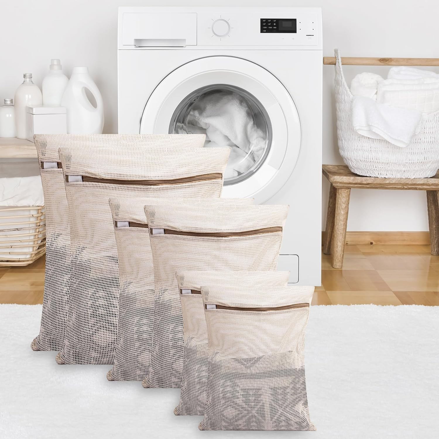 Klmnop 6 Pcs Mesh Laundry Bags, Cotton Laundry Bag with Premium Zipper, Laundry Bags Mesh Wash Bags for Bra, Shirt, Sock, Plush Toy(Beige)