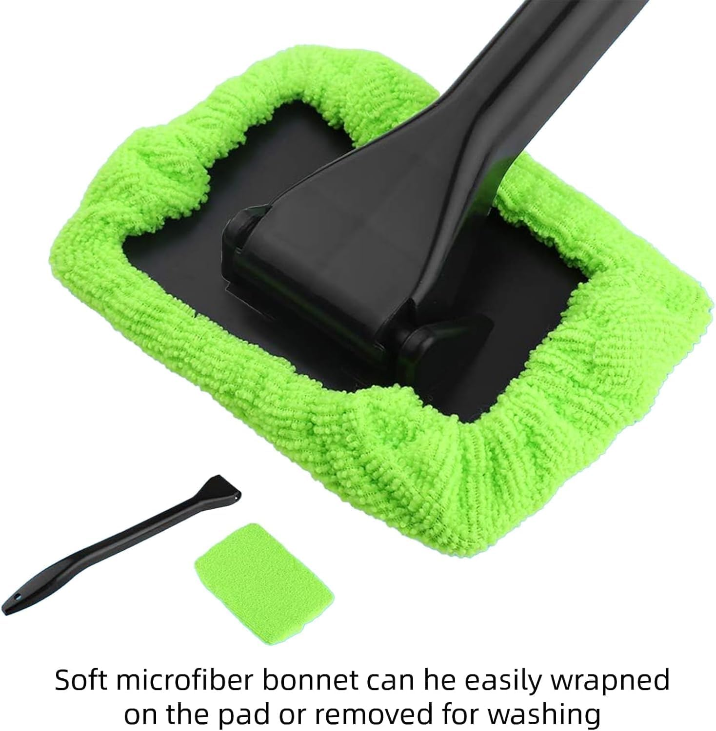 4Pcs Microfiber Car Window Cleaner Pads with Handles and Squeegee, Long Handle Microfiber Windshield Cleaning Wand Cloth Demister Pad, Microfiber Auto Window Cleaner Set image number 2