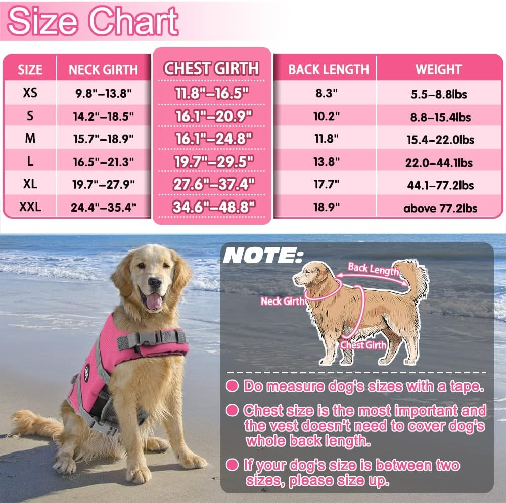 EMUST Life Jackets for Dogs, Adjustable Small/Medium/Large Dog Swim Vest for Water Safety Pet Life Vest with Rescue Handle Safety Vest for Swimming Pool Beach Boating, XL, Newsolidpink