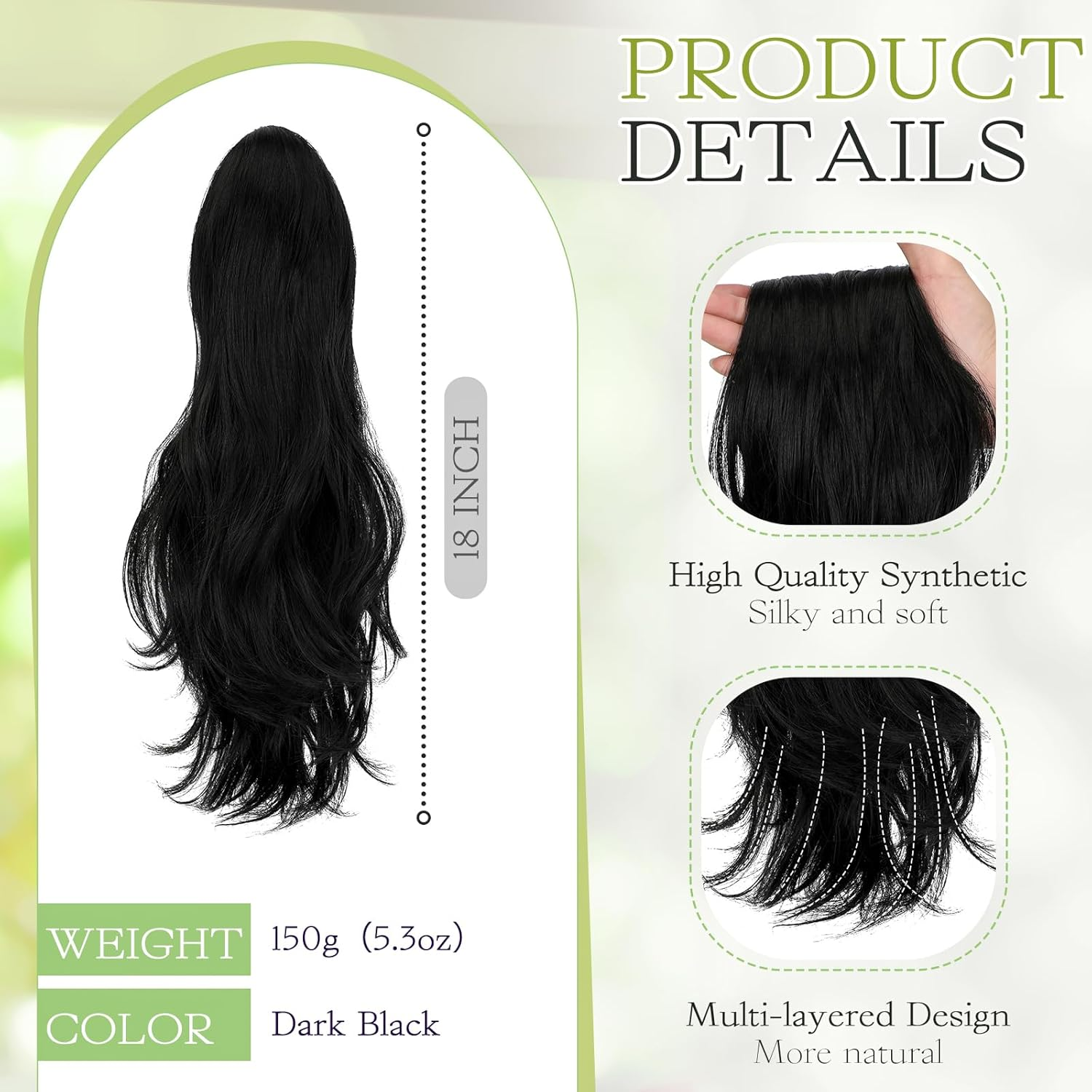 Ponytail Extension Claw 18" Natural-Looking Synthetic Wavy Long Pony Tails Hair Extensions Dark Black Clip-In Hairpiece for Women image number 4