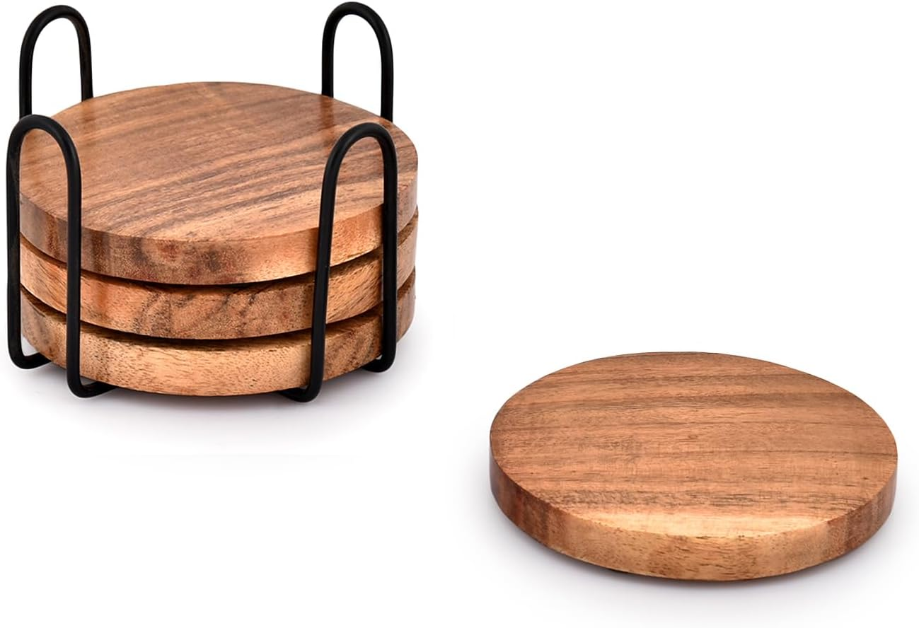EDHAS Acacia Wood Coasters for Drinks with Iron Holder Stand for Coffee Table, Tabletop Protection Decor, Set of 4 image number 3