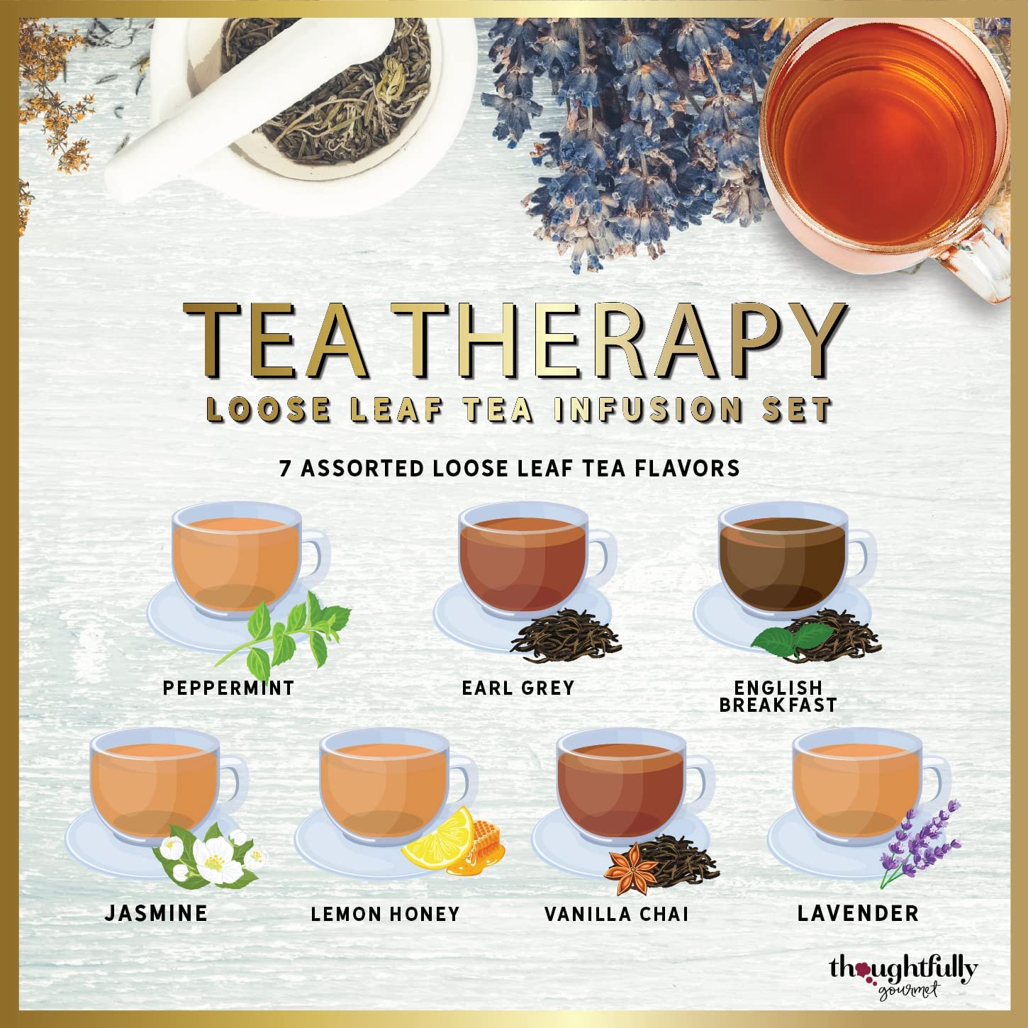 Thoughtfully Gourmet, Tea Therapy Tea Infusion Gift Set, Includes 7 Uniquely Flavoured Loose Leaf Teas and Tea Infuser, Pack of 7 image number 6