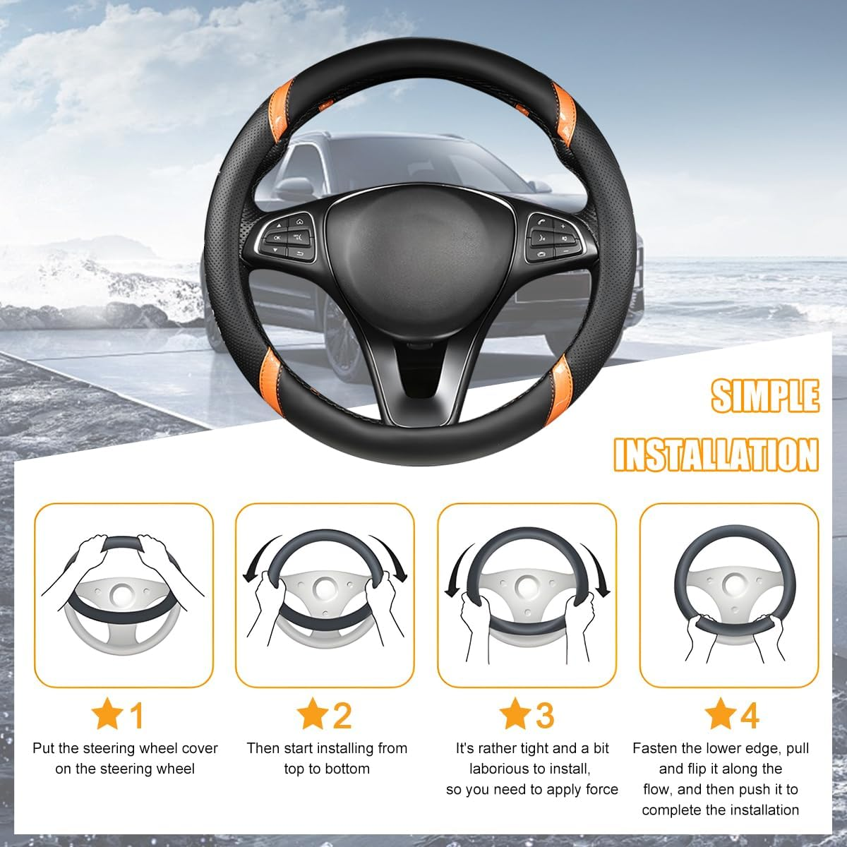 Sandfren Carbon Fiber Car Steering Wheel Cover, 15 Inch Breathable PU Leather Vehicle Steering Wheel Protector with Anti-Slip Lining, Soft Automotive Interior Accessory, Universal Fit (Black/Orange) - Black/Blue image number 6