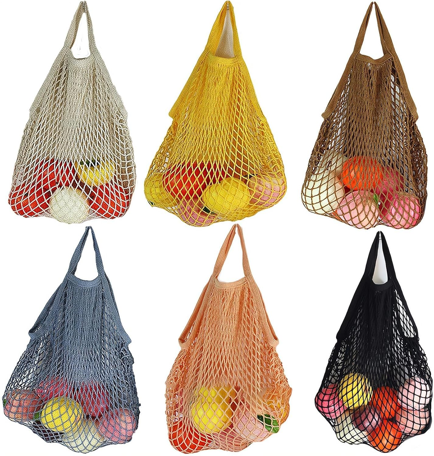 REGODI 6-Pack Short Handle Reusable Mesh Grocery Bags - Cotton String Shopping Tote for Produce, Beach Toys & Market Organizer (6 Colors) | Less Plastic Solution by Creatiee image number 5