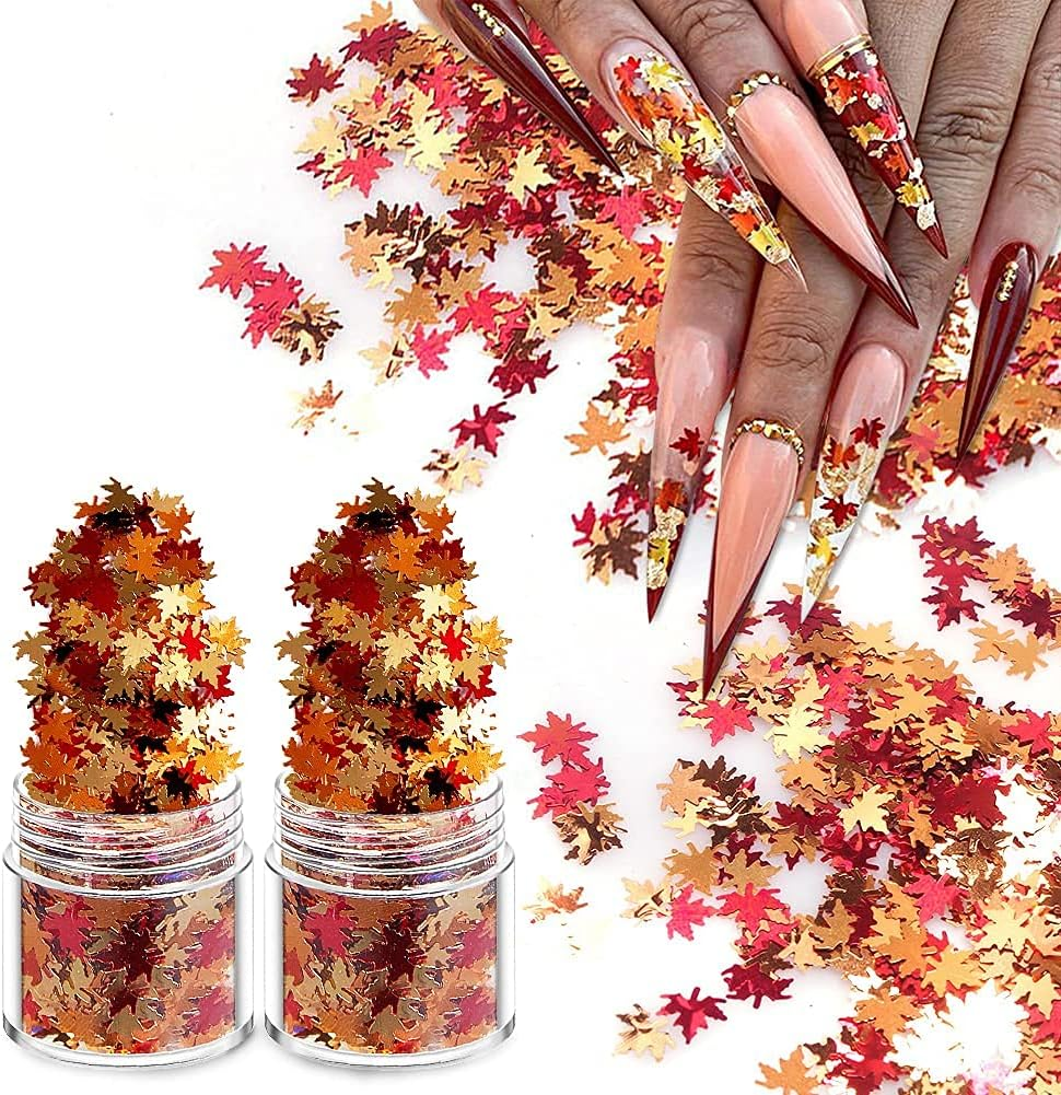Nail Art Holographic Glitter Fall Maple Leaf Shaped Flakes 2 Pot,Red Yellow Orange Glitter Sequins 3D Mixed Metallic Maple Glitter Nail Art Design Spangles for Acrylic Nail Kit Manicure Decorations