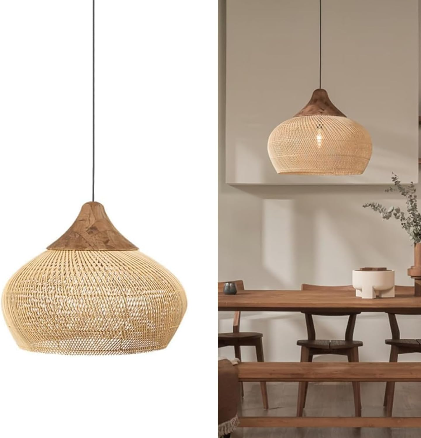 Rattan Pendant Light, Handmade Wicker & Bamboo Lampshade,Adjustable Cord,Boho Rustic Chandelier for Kitchen Island, Dining Room & Living Room &ndash; Natural Woven Design Creates Warm (40Cm,Light Brown)