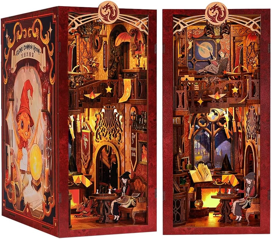 CUTEBEE DIY Book Nook Kit - 3D Wooden Puzzle Miniature Dollhouse with Dust Cover, Bookshelf Insert Decor for Adults (Flame Common Room) image number 2