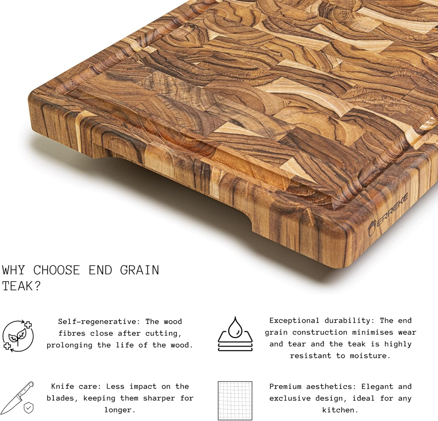 Erreke Teak Wood End Grain Cutting Board (XL, 17.5X12X1.5"), Large and Thick Wooden Cutting Boards for Kitchen with Juice Groove, Comfortable Hand Grip, Reversible Use on Both Sides, High Durability image number 5