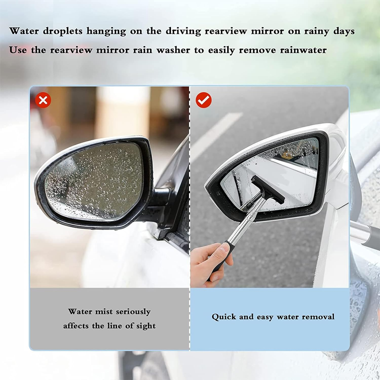 2 Pcs Car Mirror Wiper, 38.6In Handle Car Side Mirror Squeegee, Retractable Car Mirror Squeegee, Side Mirror Squeegee, Mini Squeegee for Rainy Foggy Weather image number 6