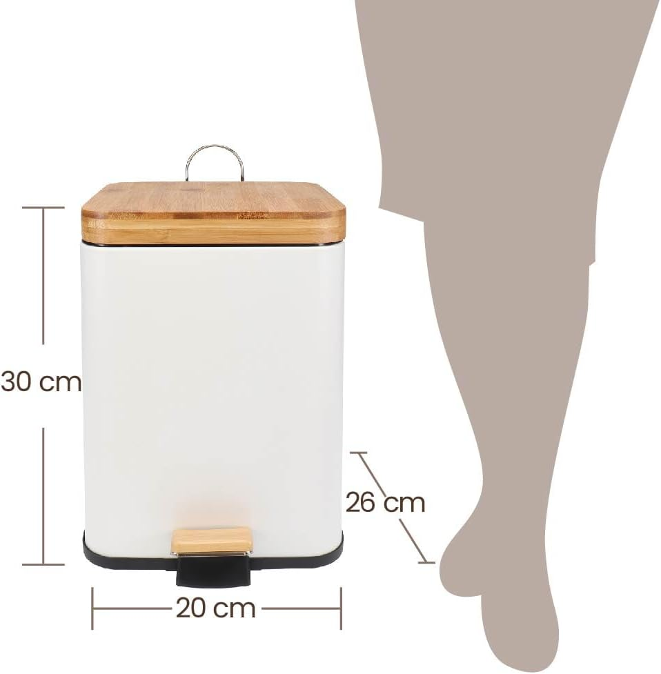 Eco Basics Square Rubbish Bin 6L, White &ndash; Eco-Friendly Waste Bin with Recycled Plastic, Bamboo Lid & Pedal, Soft Close, Compact Design for Toilets, Kitchens, Living Rooms & Small Spaces, 30X26X20Cm image number 5