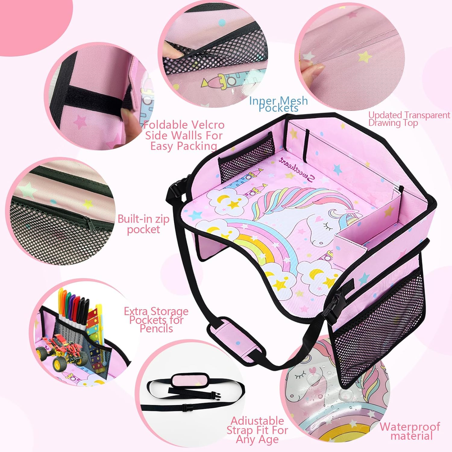 Kids Car Seat Organizer Travel Tray, Toddler Car Seat Play Tray Organizer, Portable Large Multifunction Backseat Tray Table Holder, Drawing, Food & Snack Lap Tray Carseat for Child (Pink) image number 6