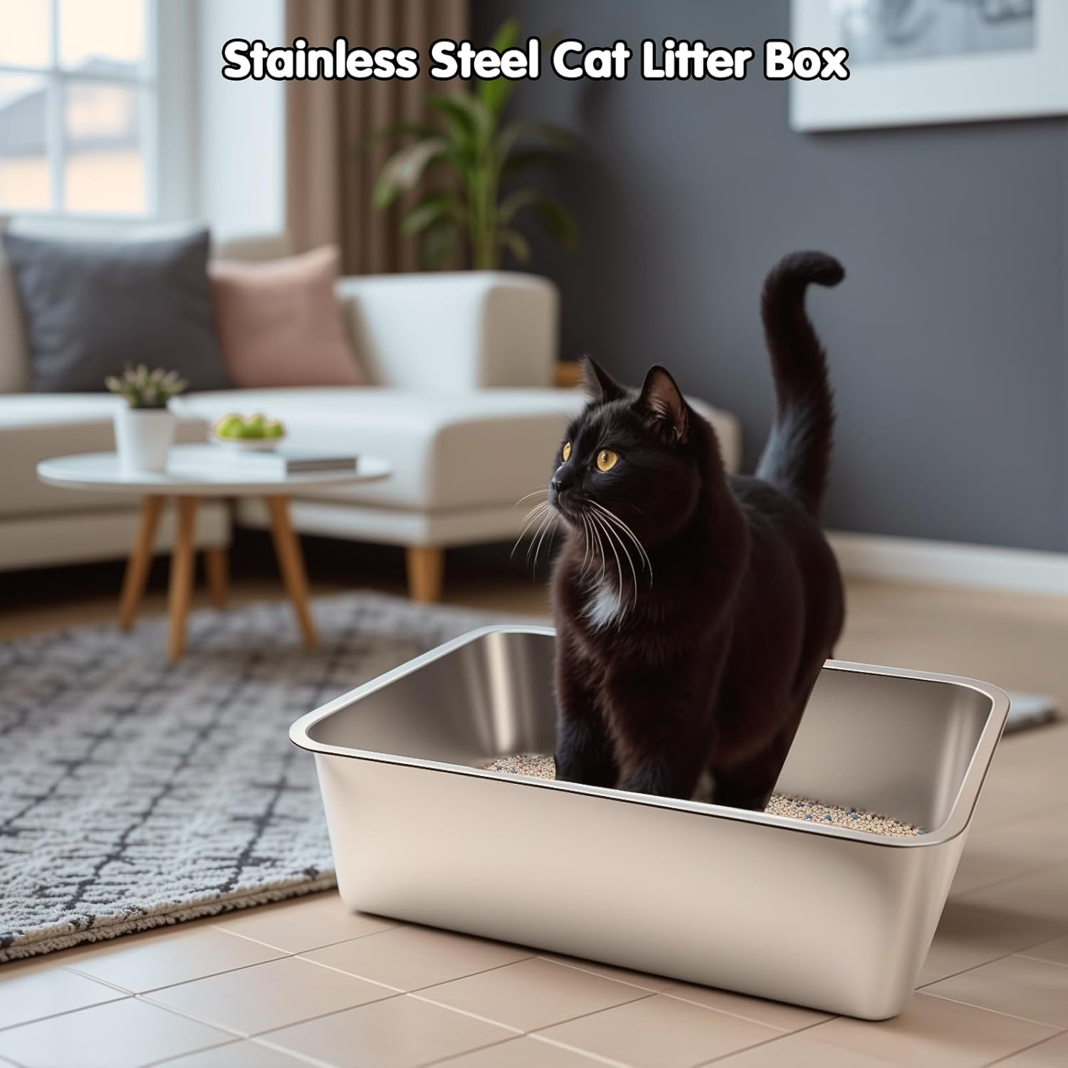 Stainless Steel Litter Box,19.5" L X 13.6" W X 6" H，High Sided Large Metal Cat Litter Boxes Easy Clean, Non Stick No Smell Cat Litter Box for Adult Cats/Kitty/Kitten image number 2