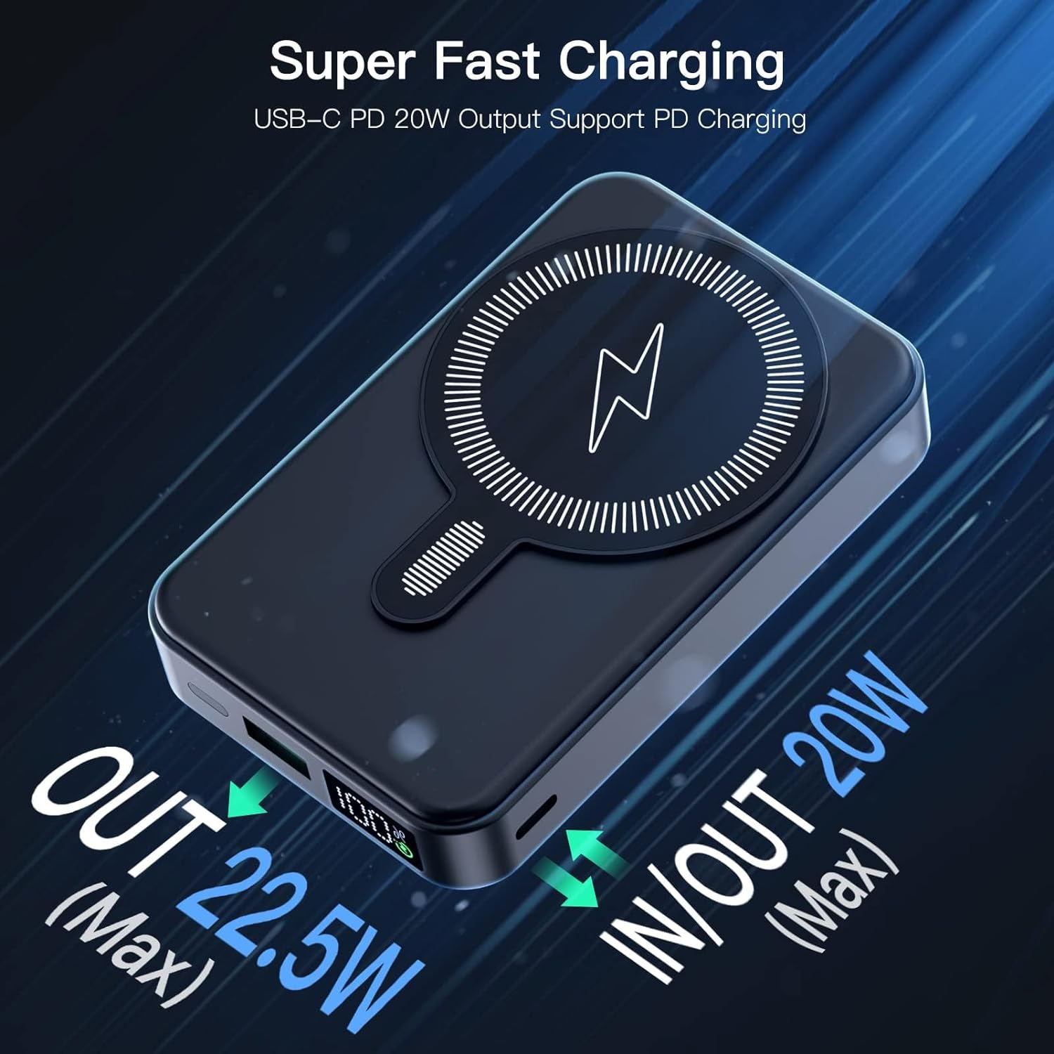 Magnetic Power Bank, Magsafe Power Bank 10000Mah Foldable Kickstand Magnetic Wireless Portable Charger for Battery Pack- and USB-C for Iphone 14/13/12 Series(10000Mah) image number 1