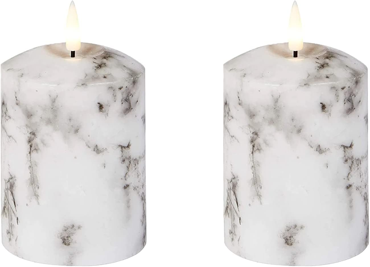 Set of 2 LED Marble Effect Wax Pillar Candles - 3 Size Options - 18Cm image number 5