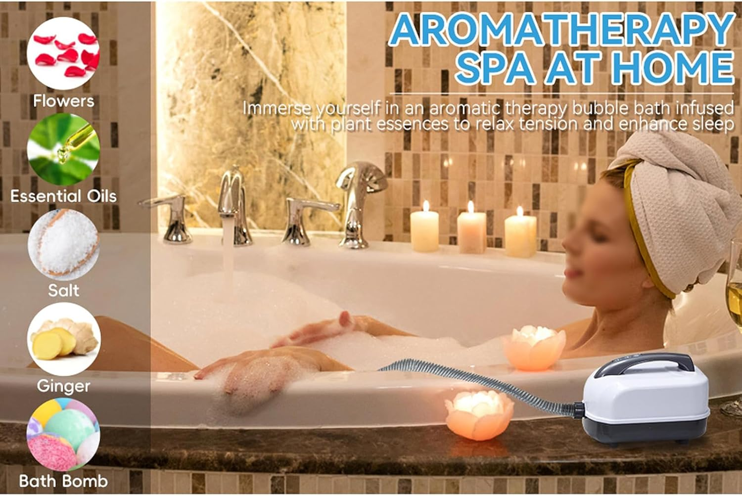 Home Surfing Massage Bath Mat, Non-Slip Bath Mat, 6-Speed Adjustment, with Inflatable Pillow + Remote, Release Tense Muscles, off Automatically, for Most Bathtubs,White image number 1