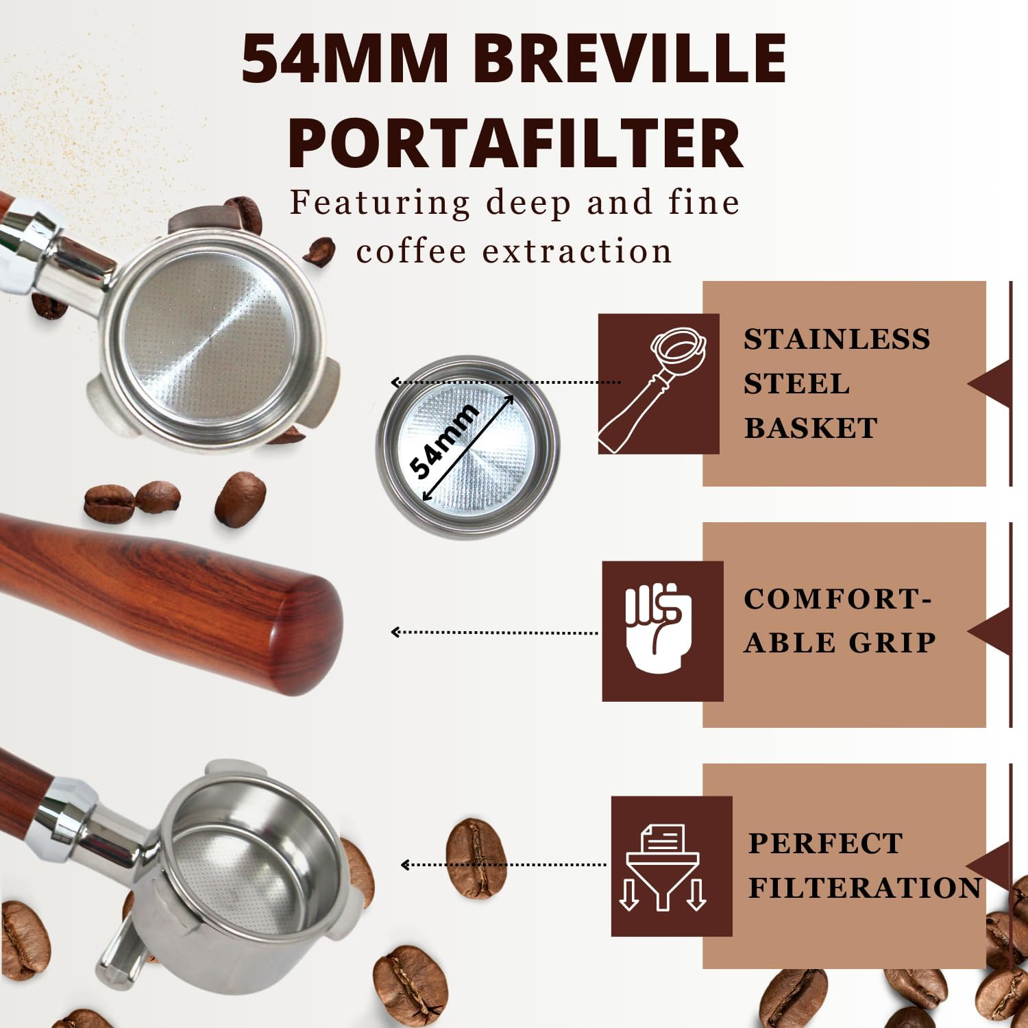 Espresso Portafilter 54Mm Double Spout Compatible with Breville Bambino plus (BES500) Infuser (BES840XL) 54Mm Breville Barista Series- Wooden Handle - Stainless Steel Filter Basked Included image number 2