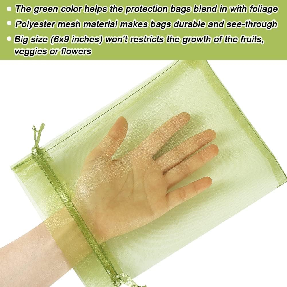 100Pcs Fruit Protection Bags 15 * 20Cm, Green Netting Cover Bags Drawstring Mesh Fruit Protectors Pest Barrier for Tomato Mango Trees Veggies Garden image number 1