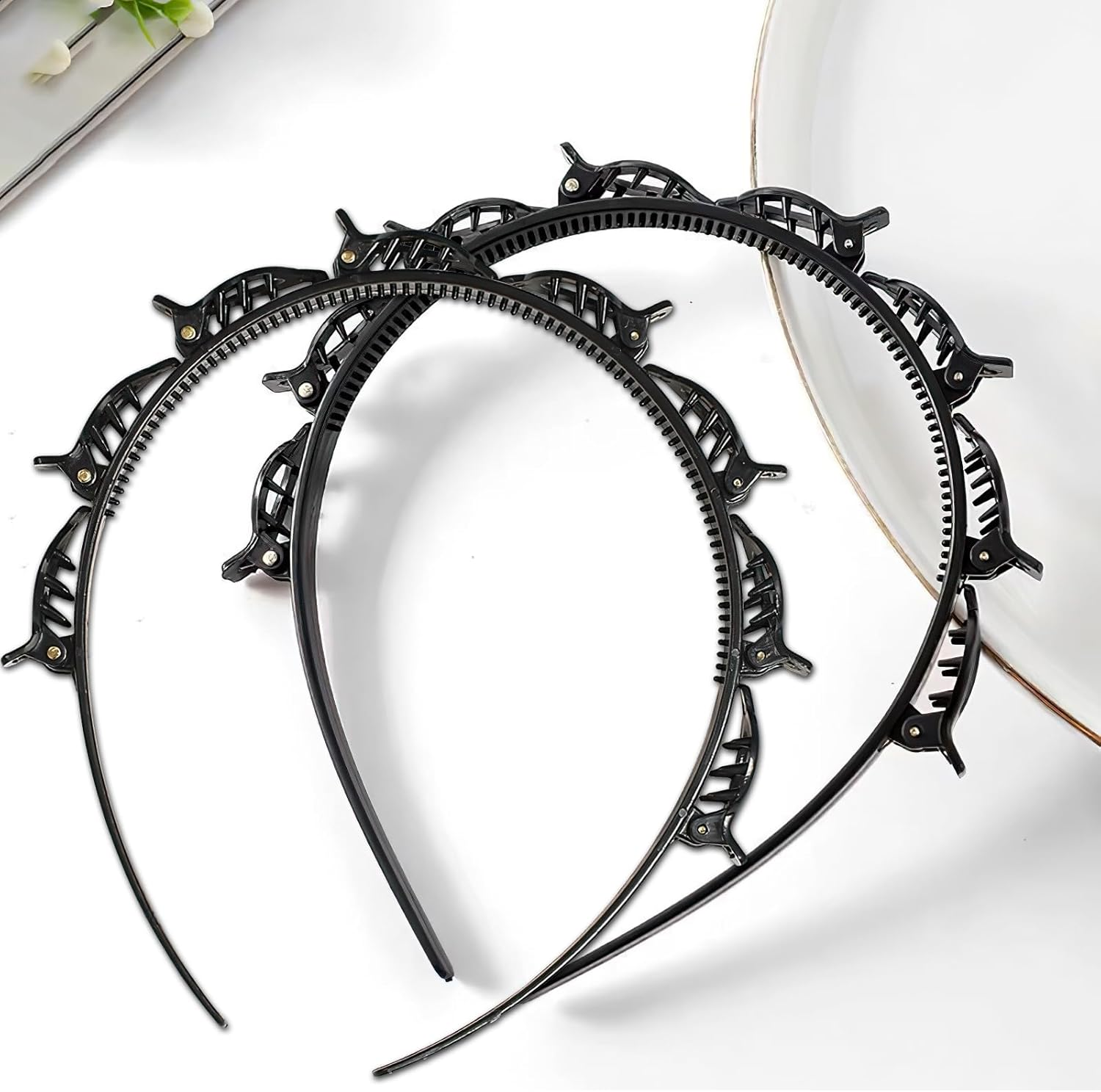 Pack of 2 Hair Bands with Clips, Double Bangs Hairstyle Hairpin, Hair Hoop with Clips, Women'S Headband for All Hair Types and Hairstyles (Black)