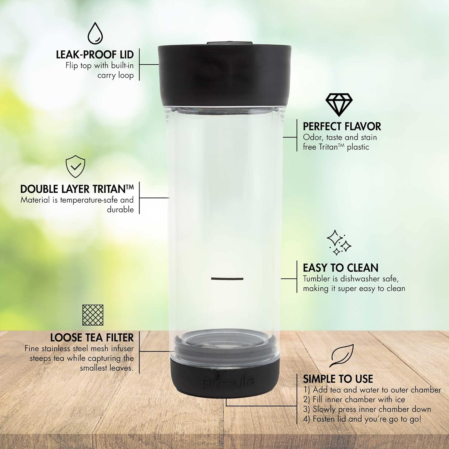 Primula Press and Go Iced Tea Maker, Travel Tumbler, Infuser Bottle, Leak-Proof Flip-Top Lid with Carry Loop, Dishwasher Safe, Made without BPA, 16-Ounce, Black, 1 Count (Pack of 1) image number 3