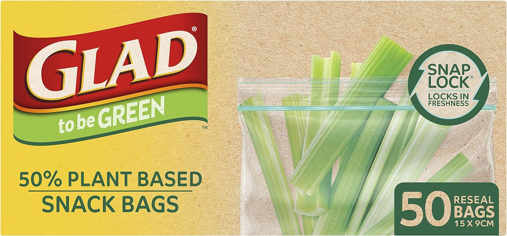 Glad to Be Green 50% Plant Based Snack Bags, 15Cm X 9Cm Resealable Bags to Keep Food Fresh, 50 Count image number 2