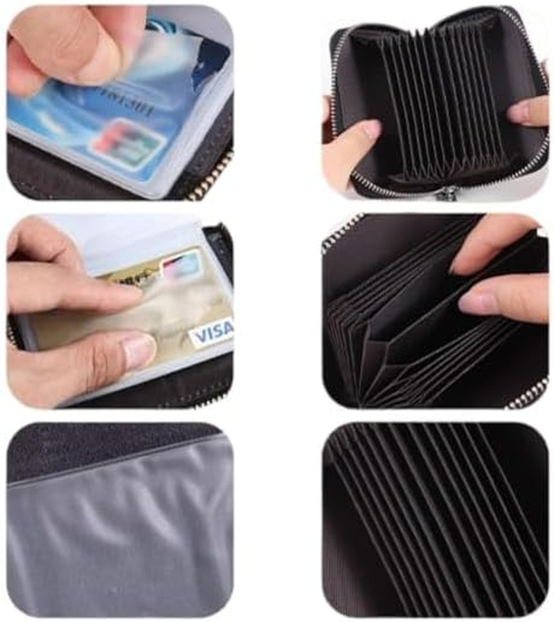 20 Cards Portable Leather Card Holder, Credit Card Bank Card ID Card Holder with a Lots of Space,Easy to Carry Leather Small Business Card Case for Woman and Men with a Full around Zipper - Black image number 5