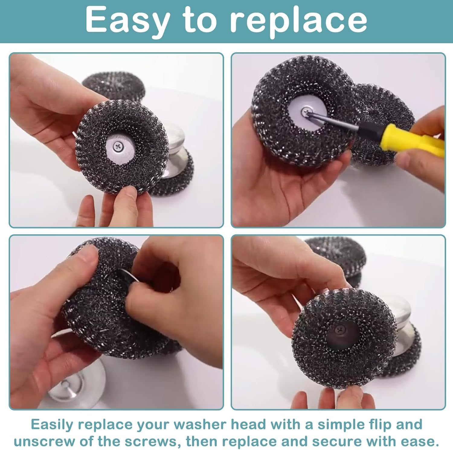 2Pack Stainless Steel Scrubber with 2 Replacement Wire Pads, Steel Wool Scrubber with Stainless Steel Handle, for Cleaning Dishes, Cast Iron, Stock Pots, Pans, Griddles, Grills image number 2