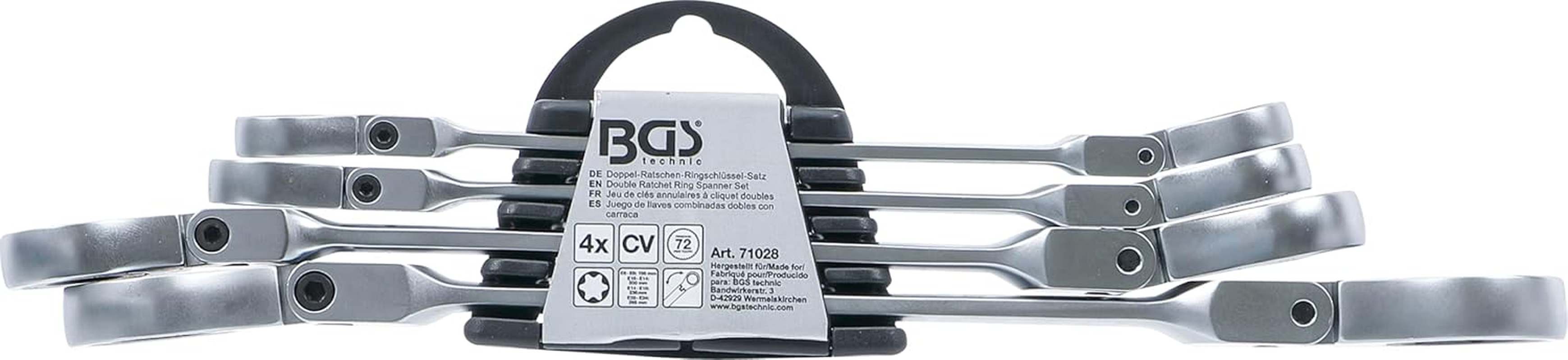 BGS 71028 | Double Ratchet Ring Spanner Set | Angled | with E-Profile Ring Heads | SW E6 - E24 | 4-Piece Set