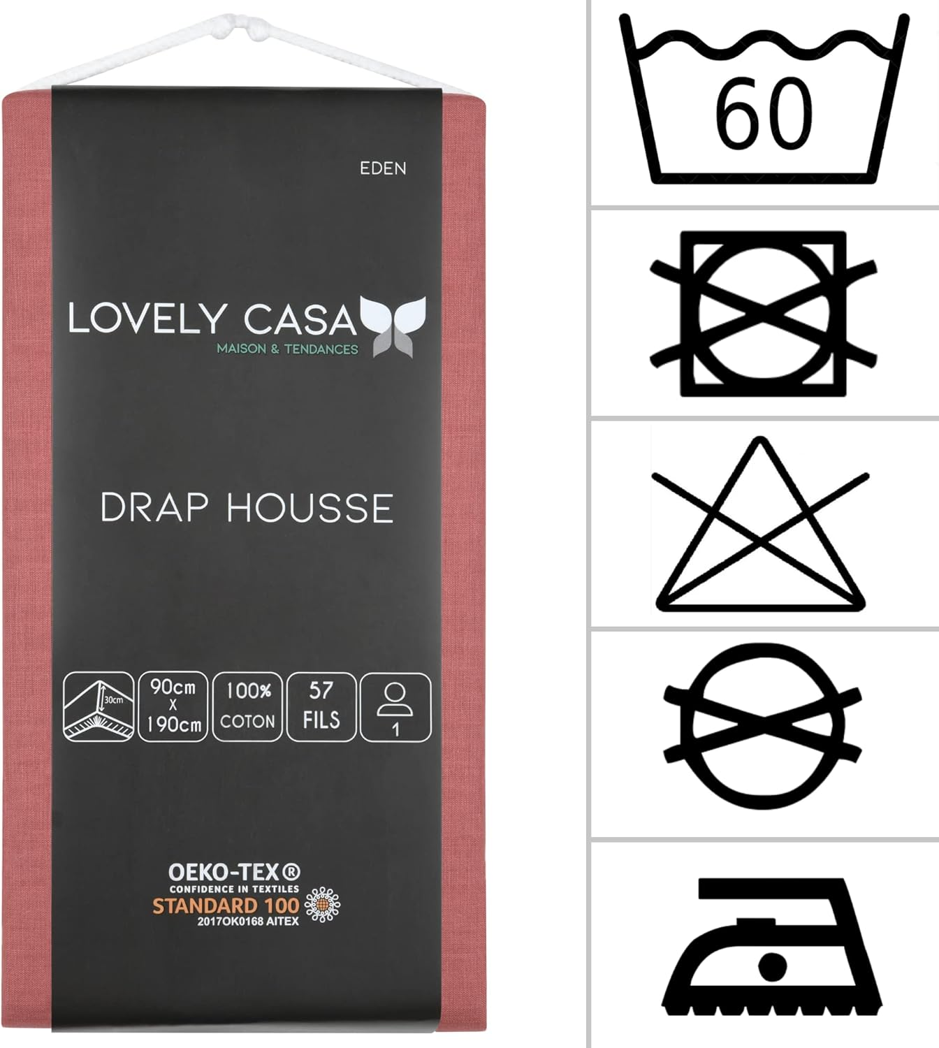 Lovely Casa - Fitted Sheet - Size 90 X 190 Cm - Large 30 Cm - 100% Oeko-Tex Certified Cotton - Colour Grenache - Model Eden - Bed Linen for Home - Soft and Comfortable for a Cosy Nest image number 4