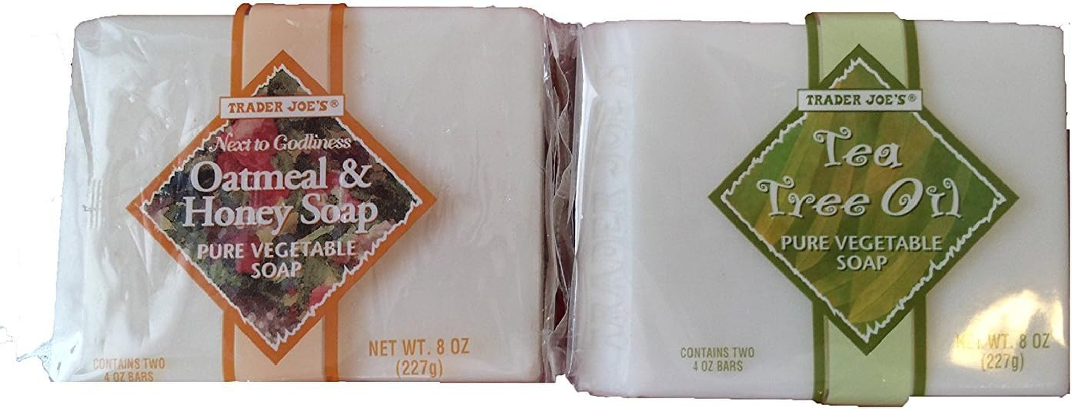 Trader Joe'S Next to Godliness Pure Vegetable Bar Soap Cruelty Free Value Bundle - 1 Oatmeal & Honey Scent & 1 Tea Tree Oil Scent (8 Oz. Each)