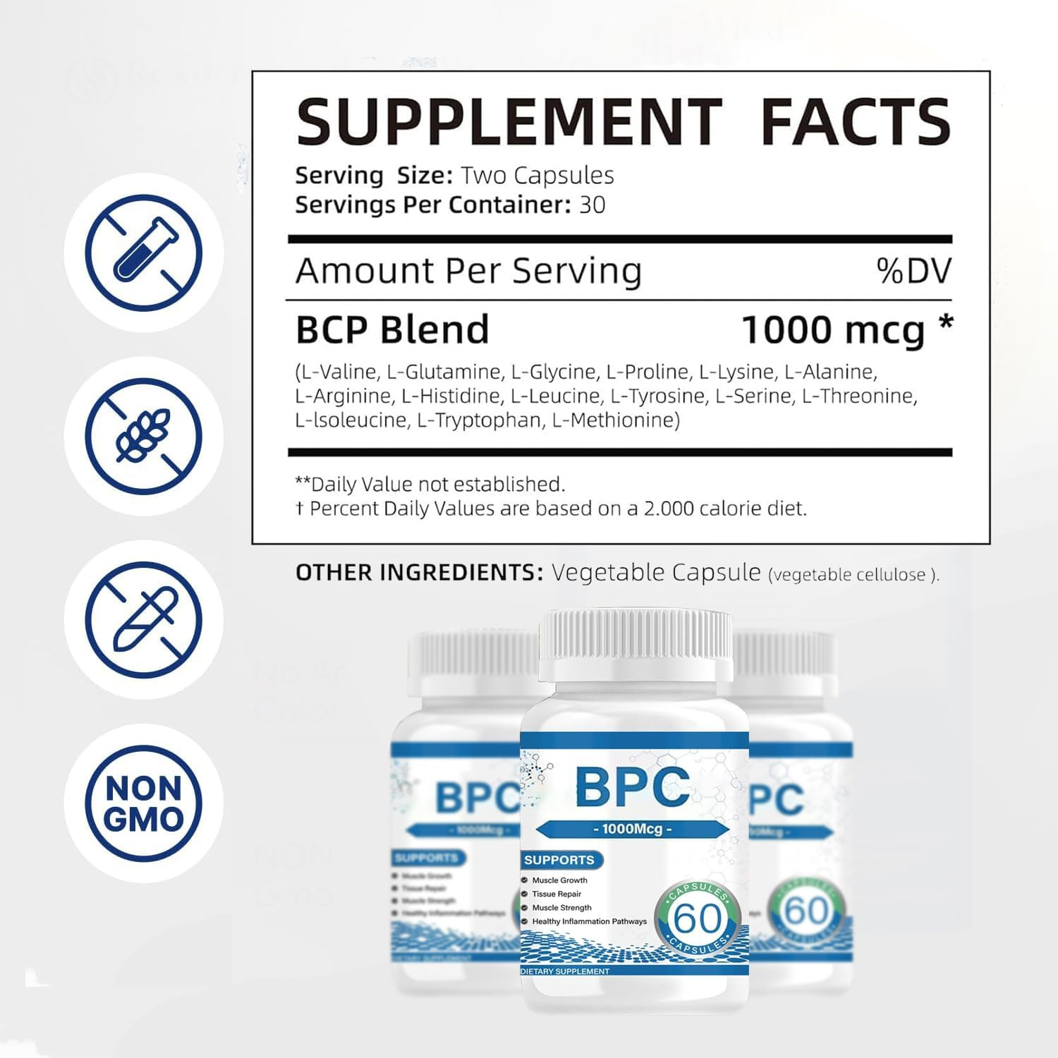 BPC Amino Acid Peptide Complex Capsules &ndash; 1000Mcg per Serving | 60 Vegetable Capsules | Multi-Amino Blend with Essential & Non-Essential Aminos| Non-Gmo | No Fillers