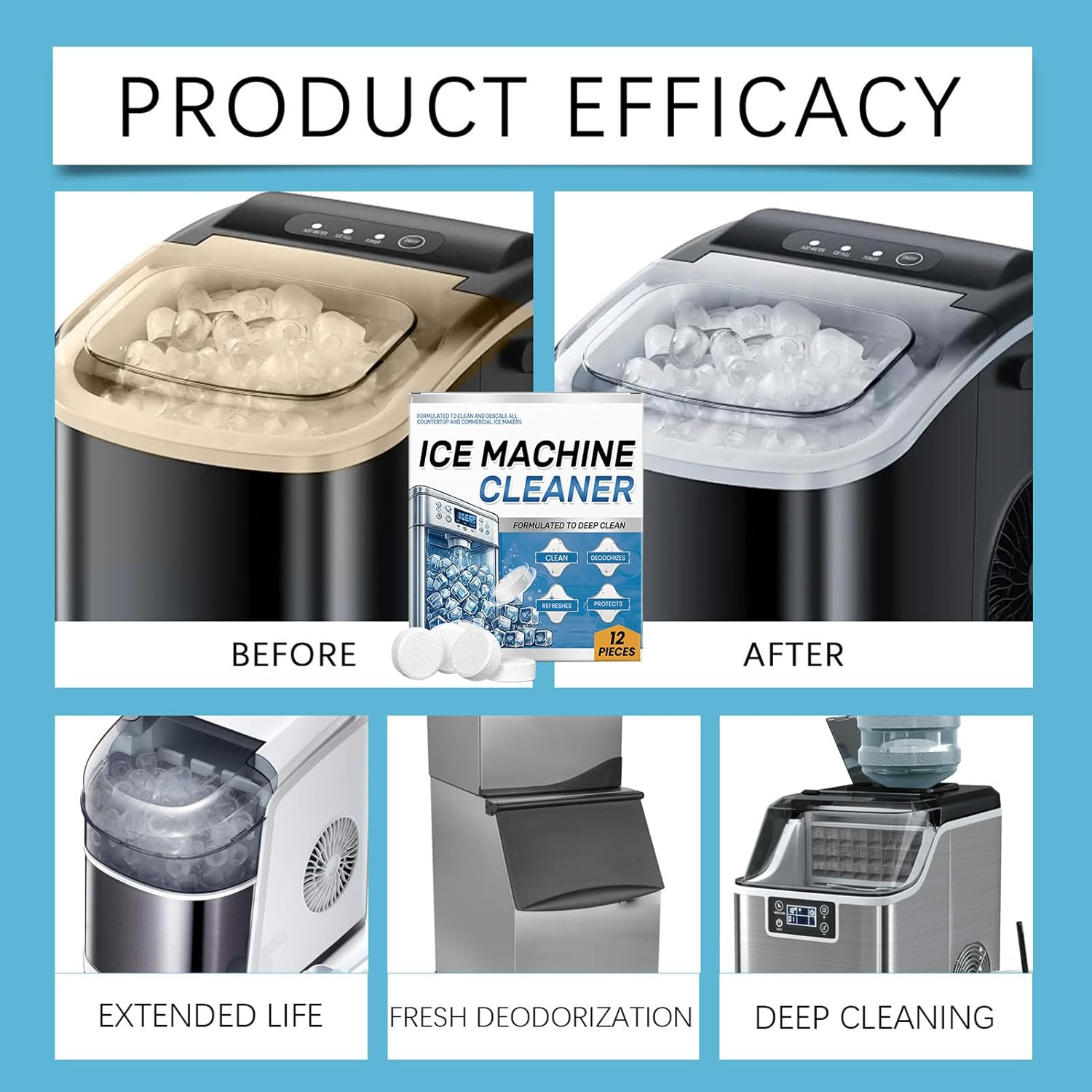Ice Machine Cleaner | Water Bottle Cleaning Tablets | Powerful Cleaning Tool Multifunctional Kitchen Gadgets for Freezer Refrigerator Restaurants Daily Maintenance Countertops