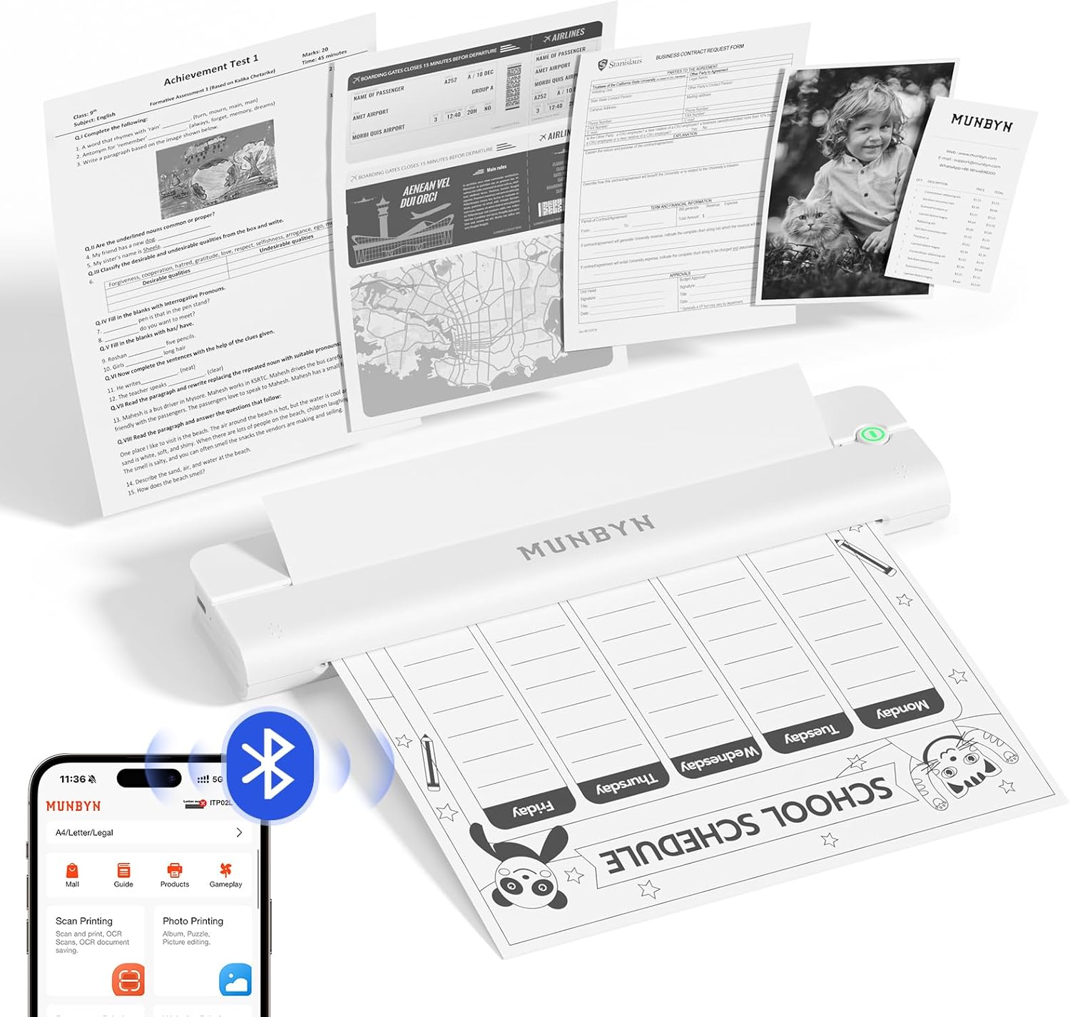 MUNBYN ITP02 A4 Thermal Printer, Portable Bluetooth Printer, High-Speed 14Mm/S, Supports 8.5"X11" & A4 Thermal Paper, Compatible with Android, Ios & Laptops, for Travel, Office, and School (White)