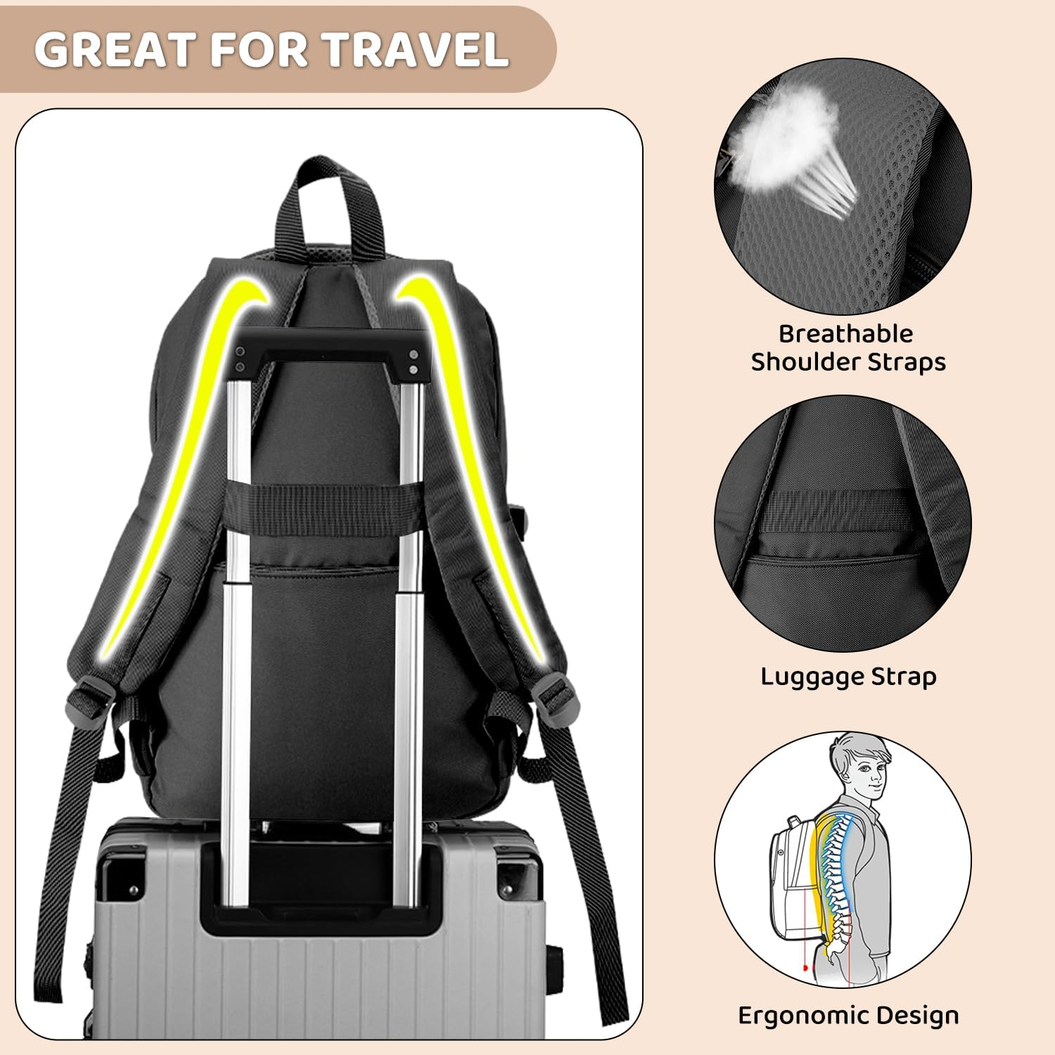 AUTOWT Casual Backpack - 36L Waterproof Casual Daypack with Handbag for Boys Girls College Teens - Travel Laptop Backpacks for Men Women image number 6