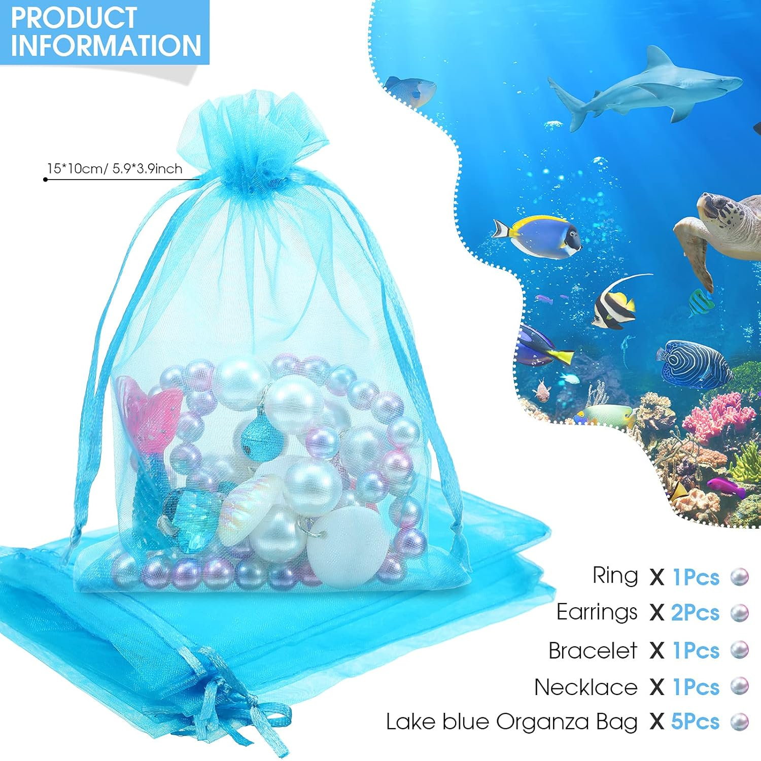 Mermaid Necklace Bracelet Set Mermaid Jewelry Kit Included Shell Necklace Bracelet Ring Earrings Organza Bags for Mermaid Party Costume Jewelry Supplies - Blue image number 6