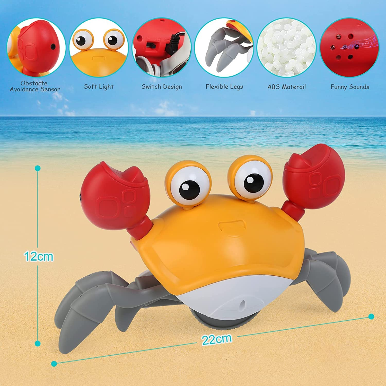 NEWSTYLE Crawling Crab Baby Toy,Walking Dancing Crab Interactive Toys with Automatically Avoid Obstacles,Electronic Light up Musical Toy for Toddlers and Kids,Usb Rechargeable (Orange) image number 2