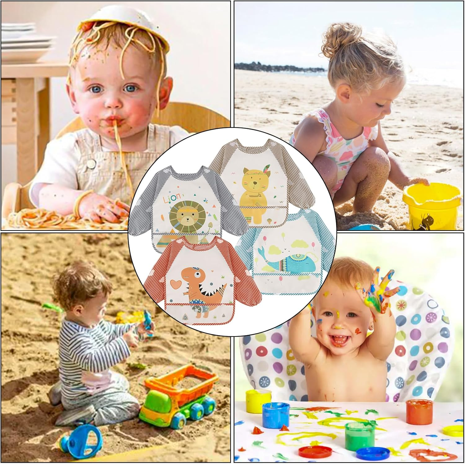 Vancle Baby Bibs with Sleeves, Waterproof Long Sleeve Bib Unisex Feeding Bibs Apron for Infant Toddler