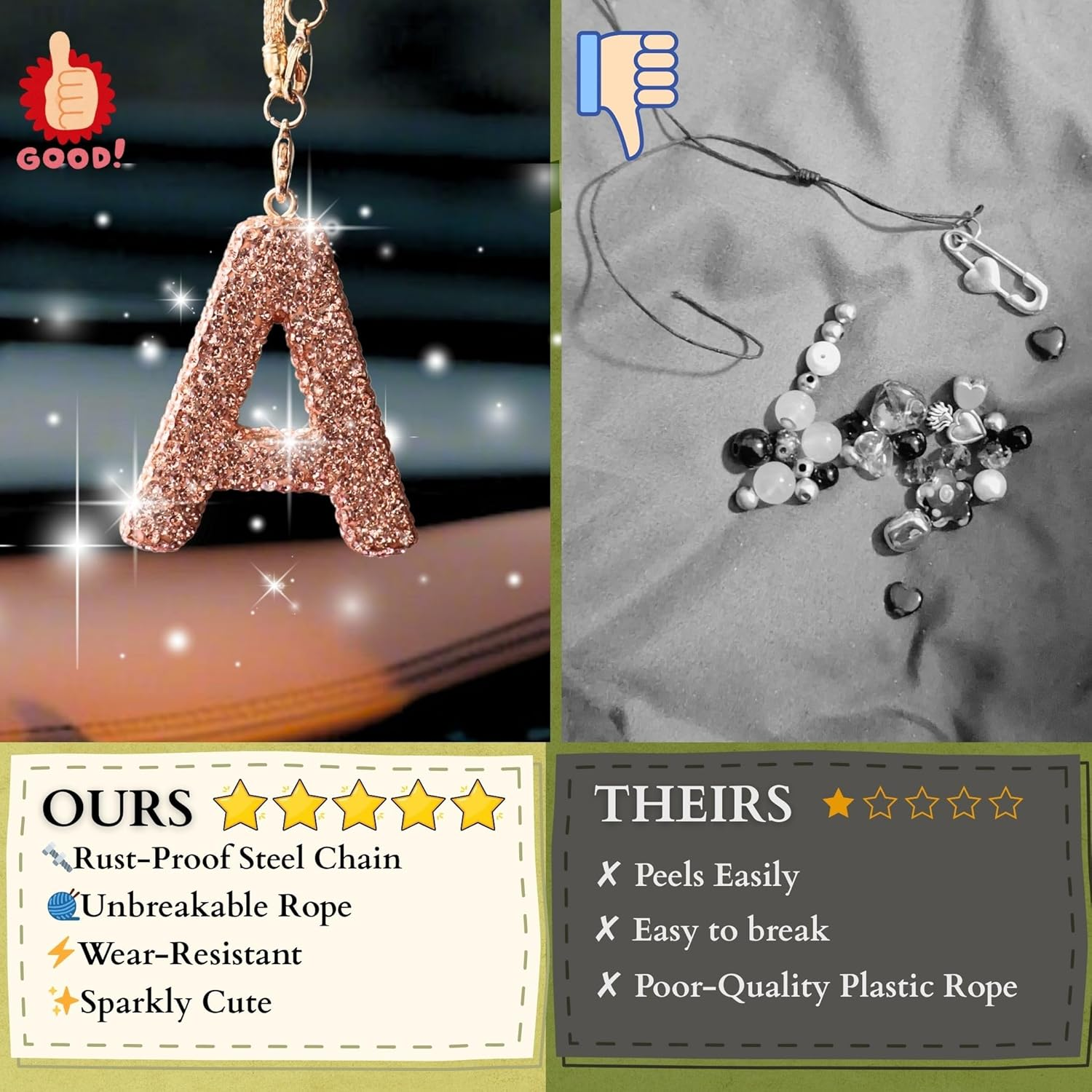 MOTOFITOOL Bling Car Accessories for Women Letter Charm, Rainbow Crystal Rearview Mirror Pendant, Cute Girly Diamond Rhinestone Car Decor for Women(A, Champagne Gold) image number 6