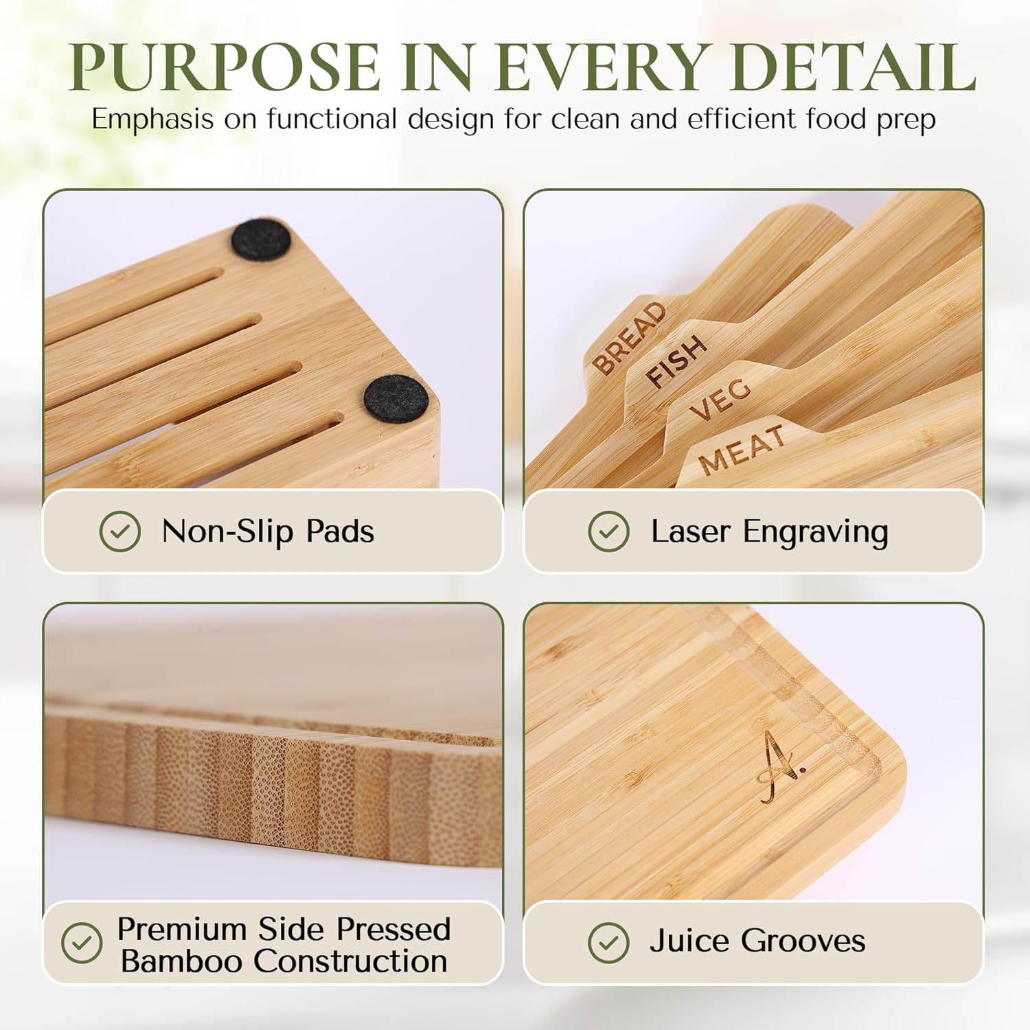 August Assembly Premium Bamboo Chopping Board Set &ndash; 4 Extra Large Cutting Boards with Juice Grooves, Stand & Thicker Boards | 36&times;26&times;1.5Cm image number 3