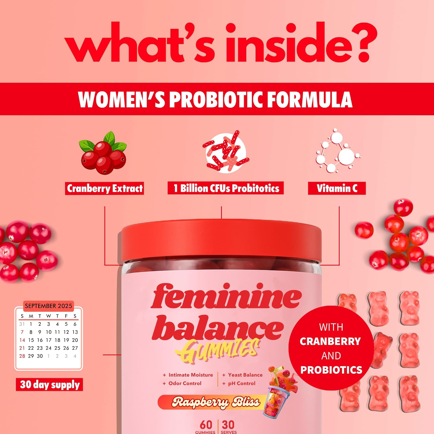 Feminine Balance Gummies for Women &ndash; Vaginal Probiotic Gummy Supports Women'S Balance and Wellness &ndash; Women&rsquo;S Daily Health Supplement - Raspberry Flavour 60 Gummies 30 Serves image number 1