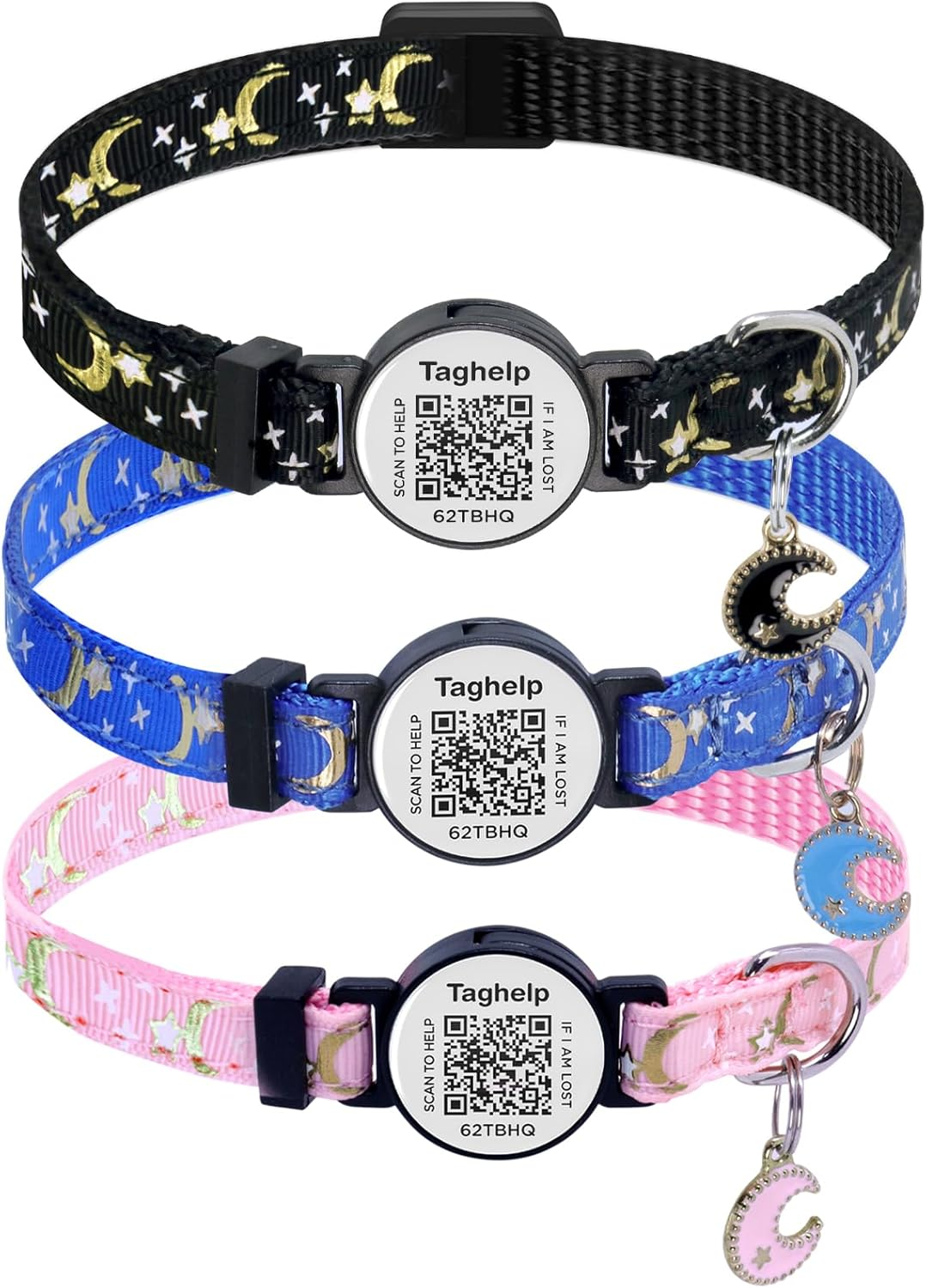 Stars and Moon Airtag Cat Collar with Airtag Holder,Air Tag Cat Collar for Apple. Solid & Safe, Pet Collar, Breakaway Cat Collar, QR Code Cat ID Tags - Pet Online Profile(Blue)