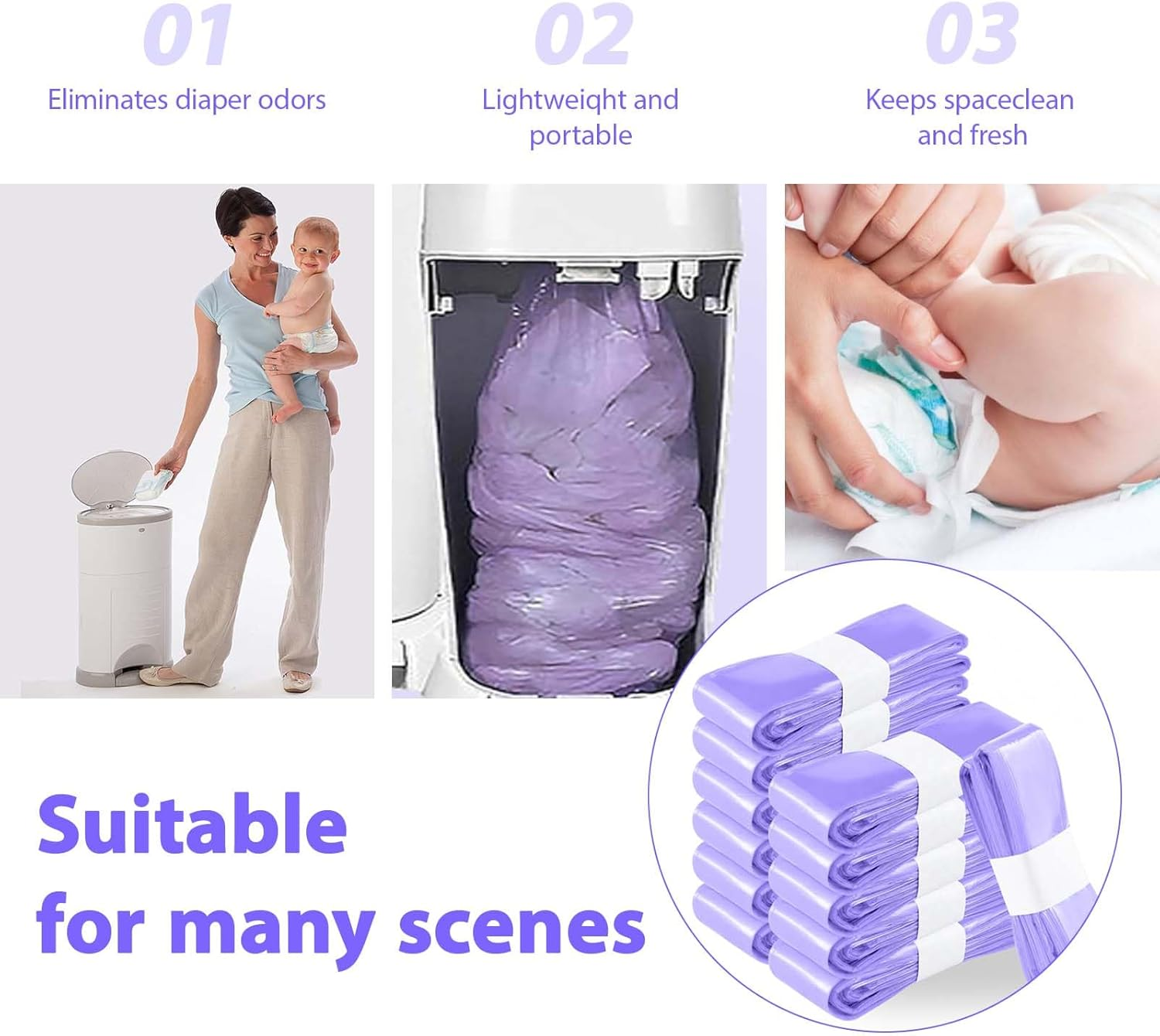 12-Pack 4.5M Nappy Bin Refill Bags Nappy Bags Disposable, Nappy Bin Refill Compatible with Angelcare/Tommee Tippee Sangenic and Platex Diaper Genie Diaper Pail(Purple) image number 1