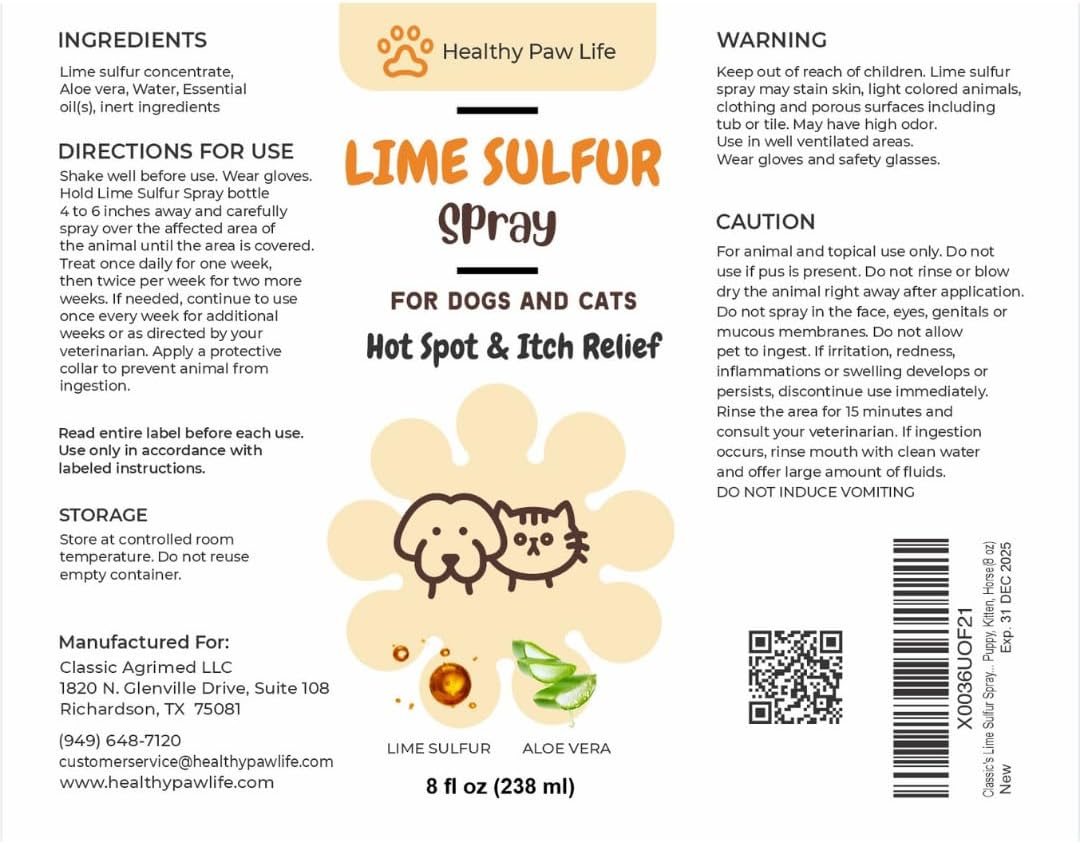 Healthy Paw Life Lime Sulfur Spray - Pet Care for Dry and Itchy Skin - Spotcare and Safe Solution for Dog, Cat, Puppy, Kitten, Horse (4 Oz)