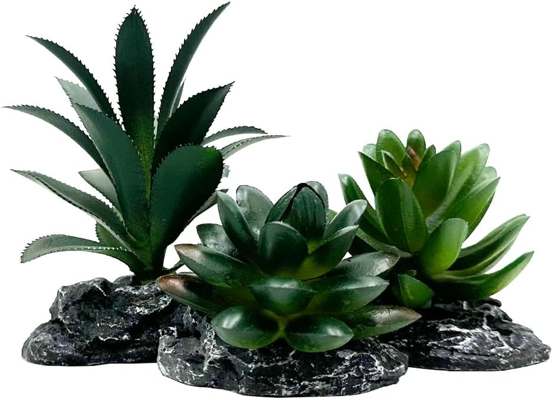 Reptile Artificial Plants Succulent Terrarium Decor Desert Rain Forests Plant Lizard Bearded Dragon Chameleon Gecko Snake Amphibian Habitat Hideout Turtle Tank Accessories (Dark-Green-3Pcs-Set)