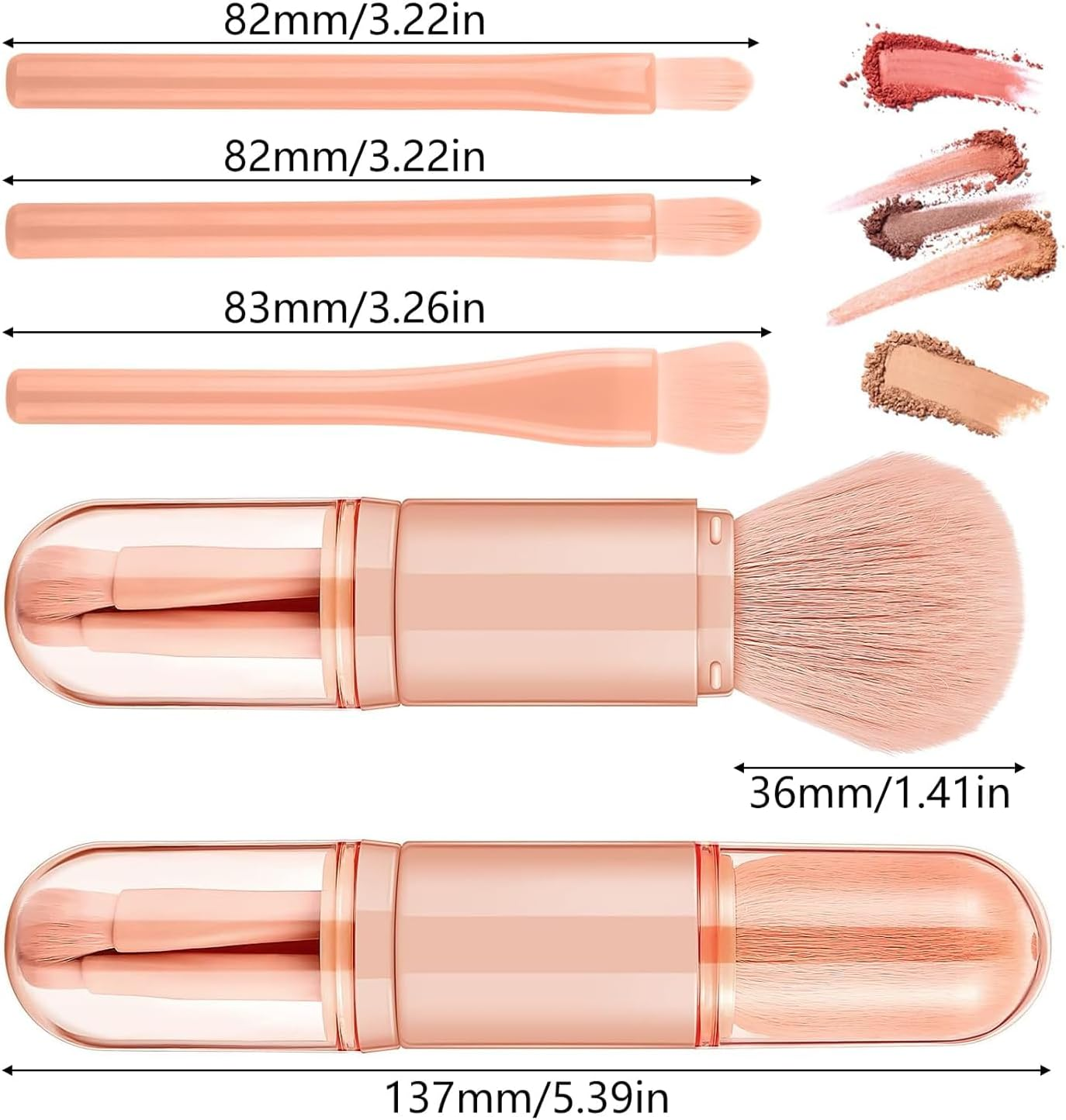 Travel Makeup Brush Set with Case, 4 in 1 Mini Cute Makeup Brush Retractable Professional Foundation Blending Powder Eye Shadow Brush for Women Facial Cosmetics Makeup Brush Set(Apricot) image number 4